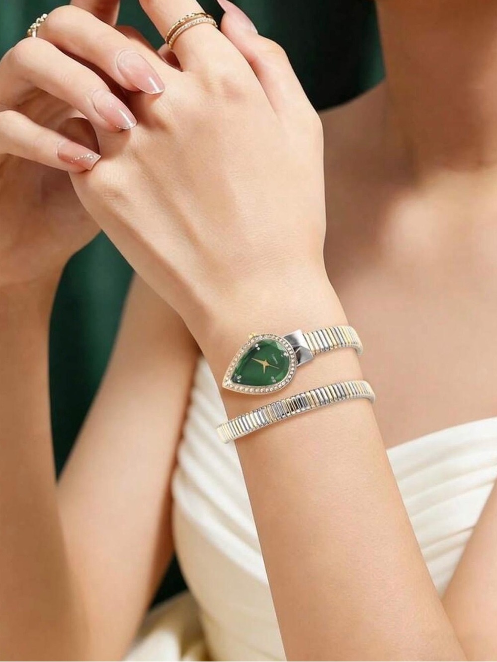 Silver-Tone Bracelet Watch with Green Teardrop Dial